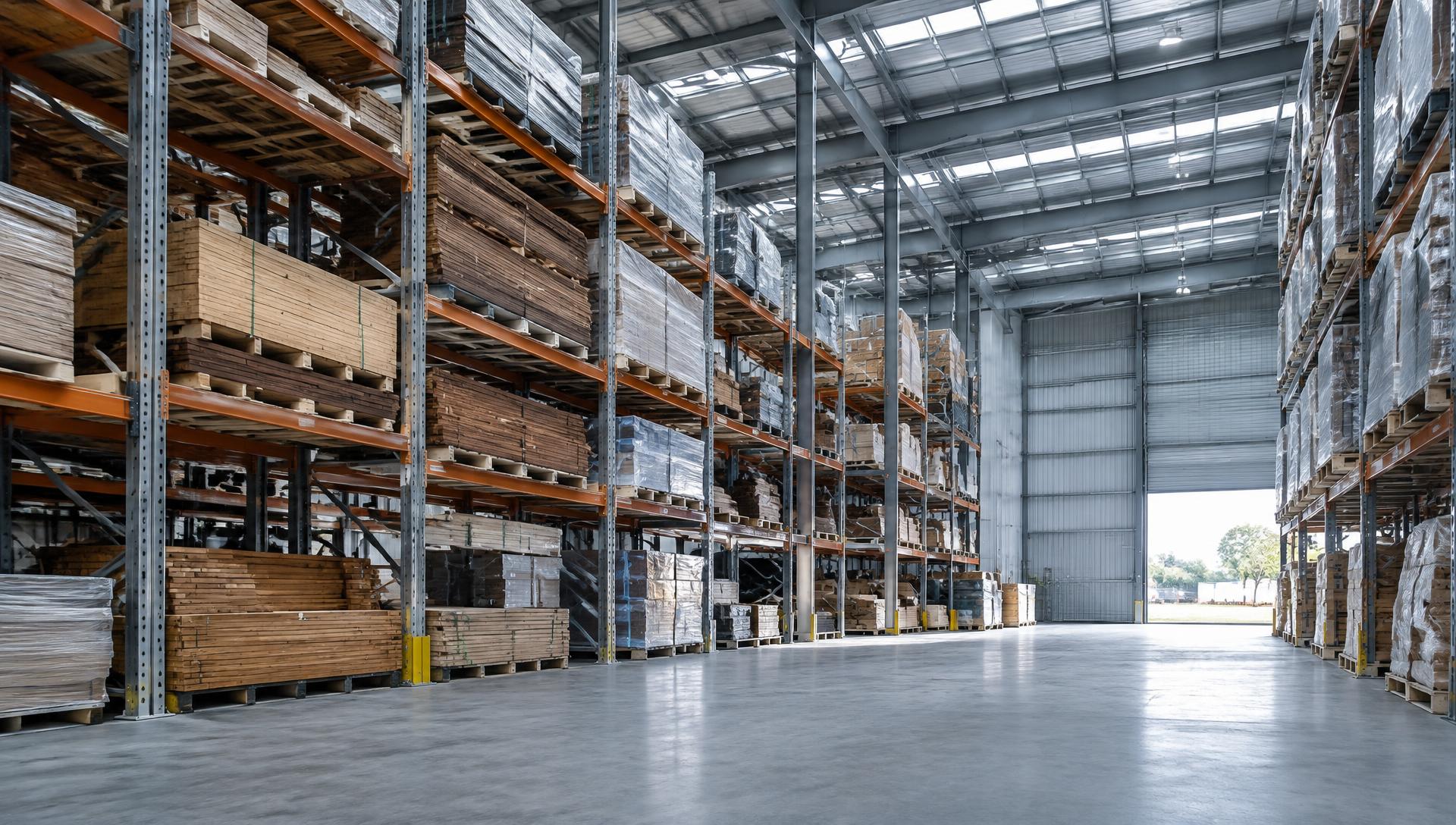 Organised Australian warehouse with pallet racking and stacked pallets