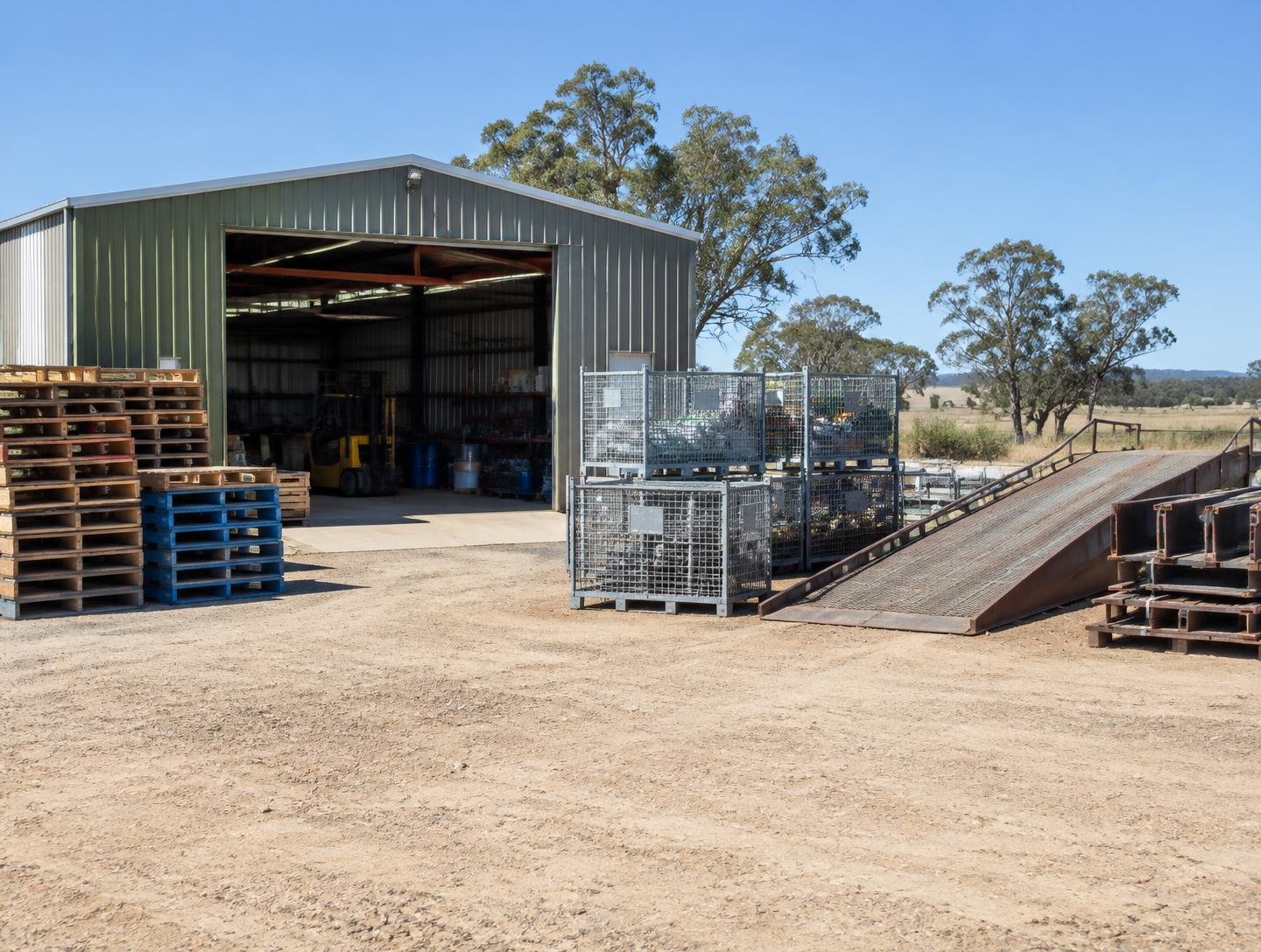 Rural Australian shed and yard with pallets, storage cages and a steel ramp